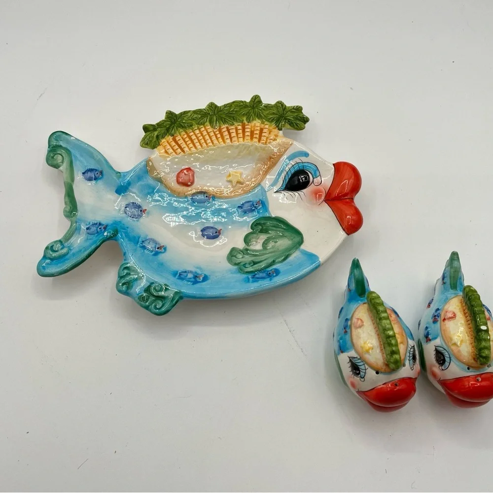Colorful Ceramic Fish Decor with salt and pepper shakers
